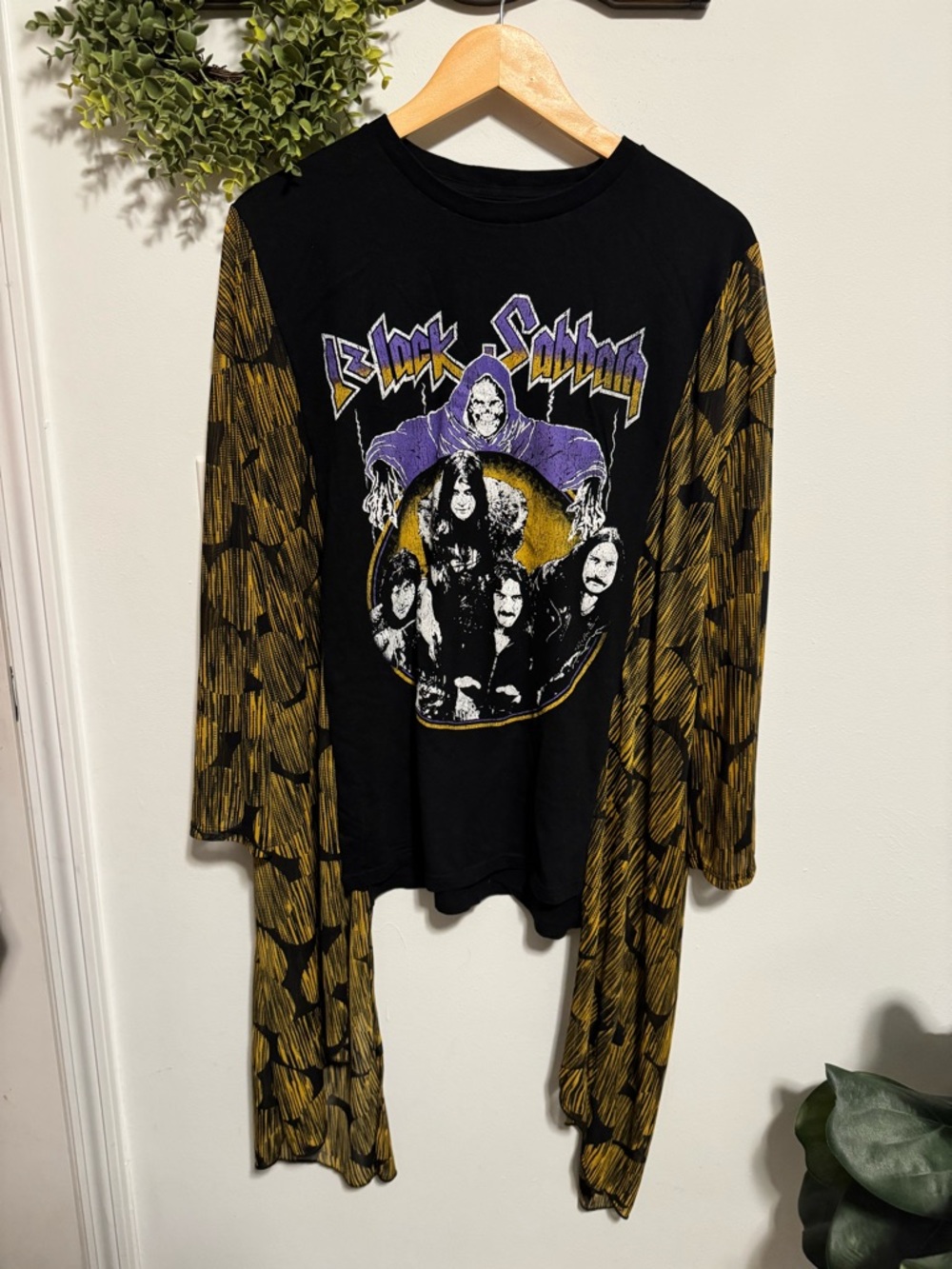Custom Upcycled Black Sabbath Graphic Band Tee with Mustard Patterned Sleeves